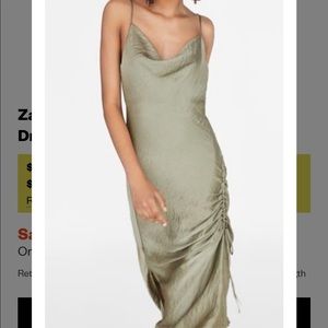 Zara Light Khaki/green slip dress with ruching and tie